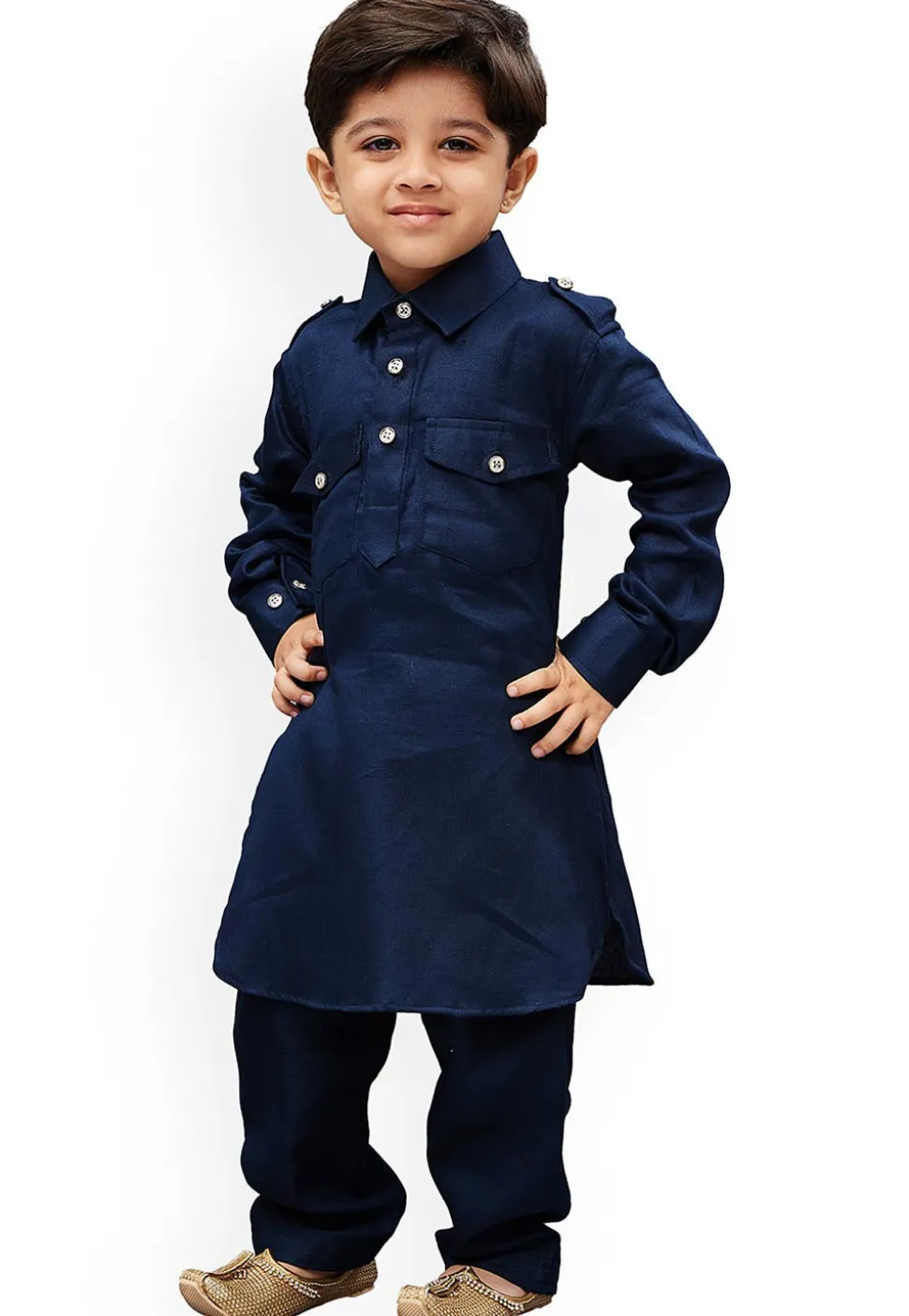 Solid Color Dupion Silk Pathani Suit in Navy Blue