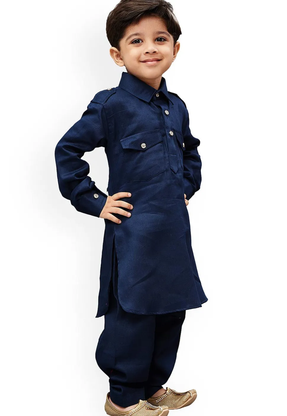 Solid Color Dupion Silk Pathani Suit in Navy Blue