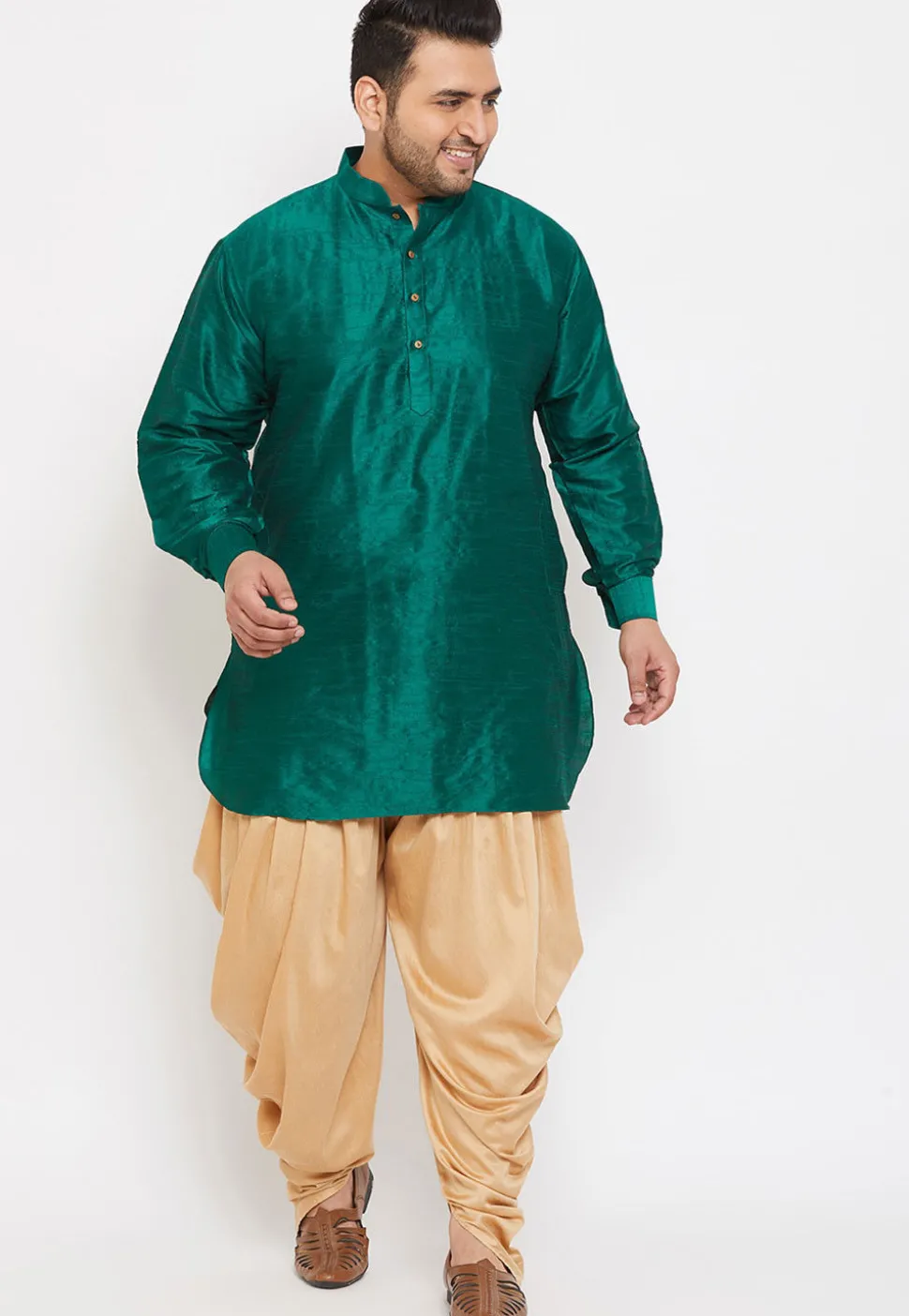 Solid Color Dupion Silk Short Dhoti Kurta in Teal Green