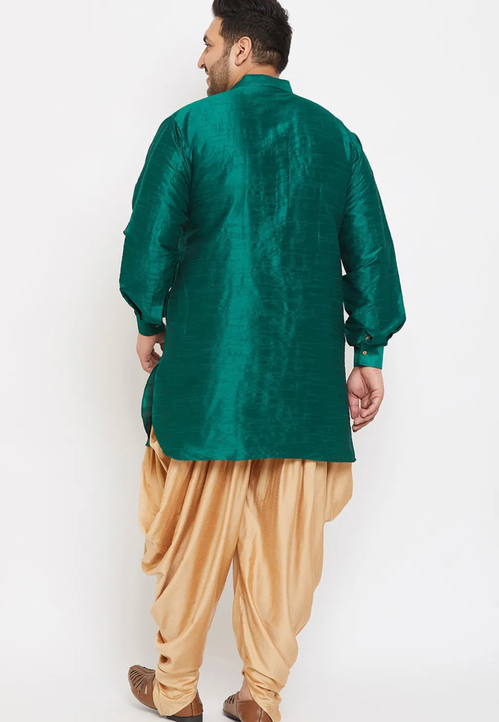 Solid Color Dupion Silk Short Dhoti Kurta in Teal Green