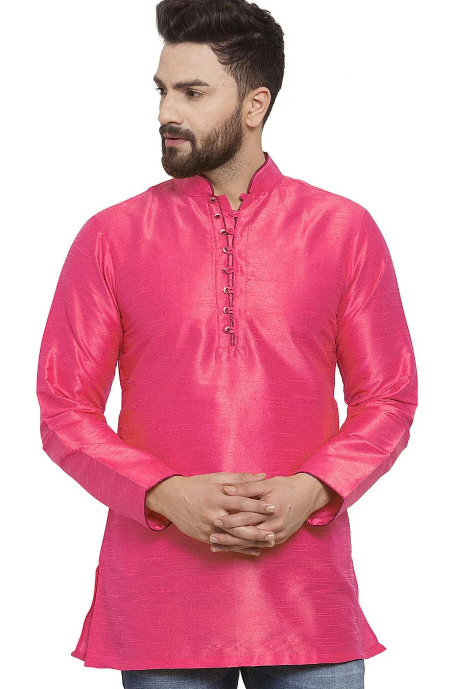 Solid Color Dupion Silk Short Kurta in Pink