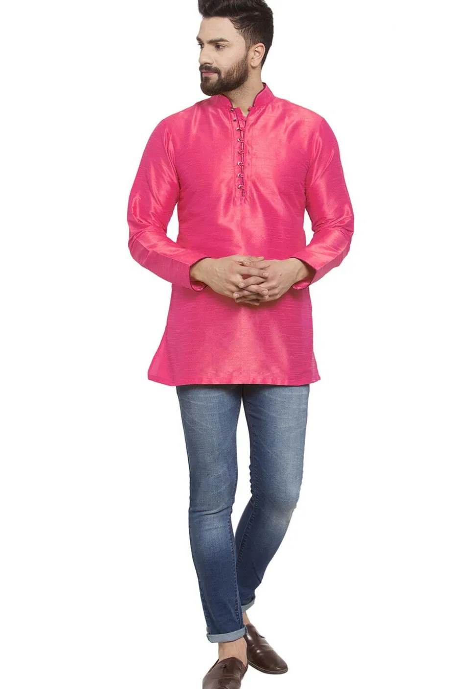 Solid Color Dupion Silk Short Kurta in Pink