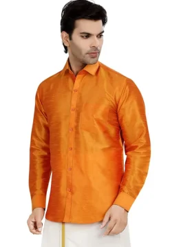 Solid Color Dupion Silk Shirt in Orange