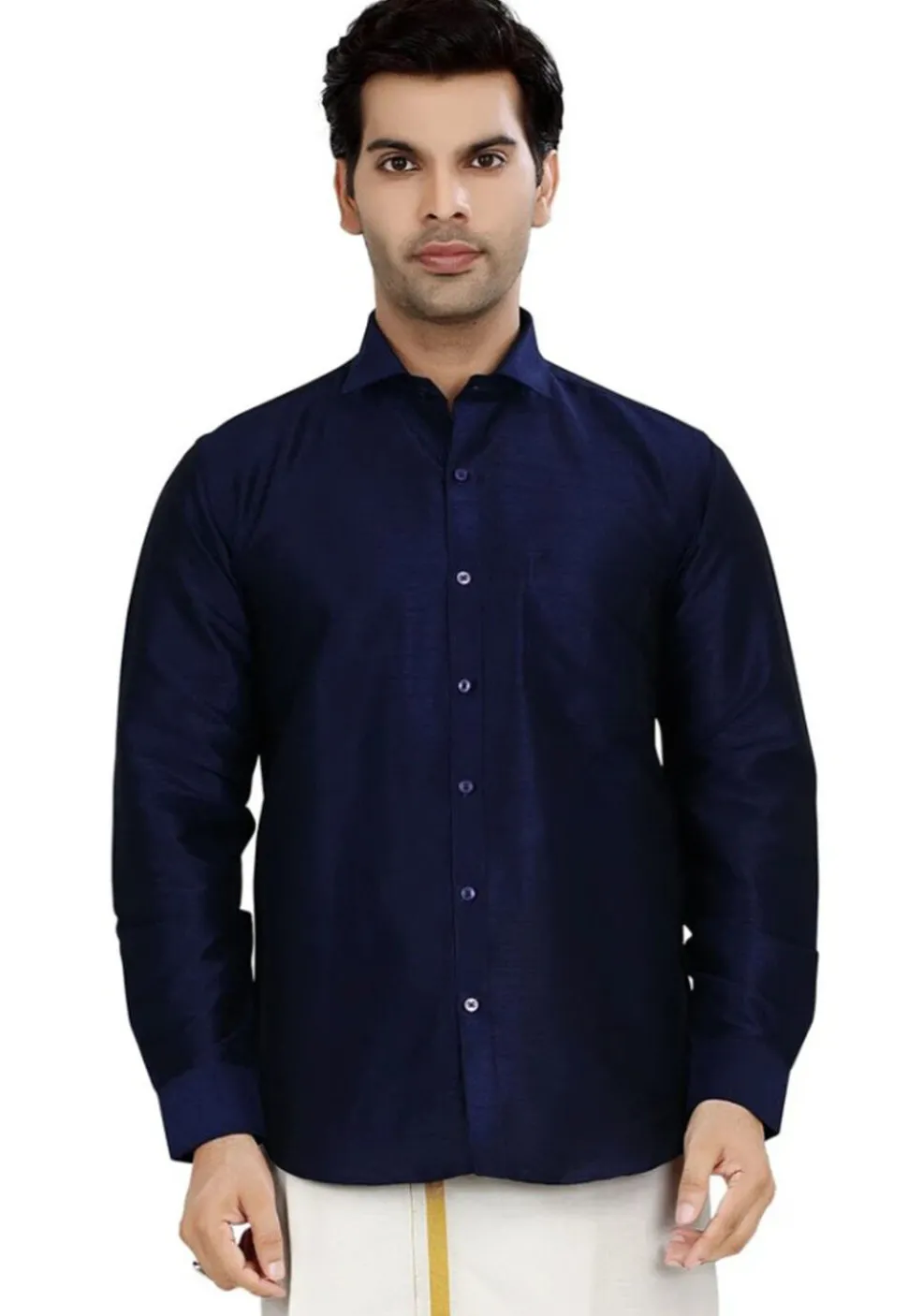 Solid Color Dupion Silk Shirt in Navy Blue
