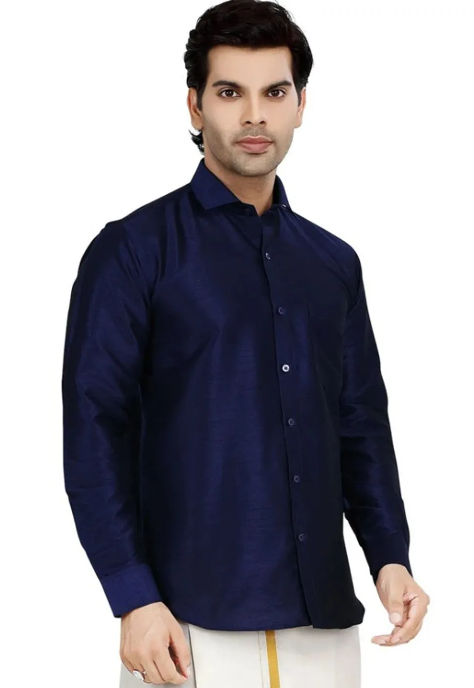 Solid Color Dupion Silk Shirt in Navy Blue