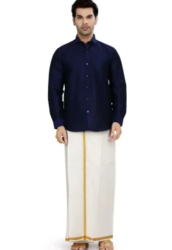 Solid Color Dupion Silk Shirt in Navy Blue