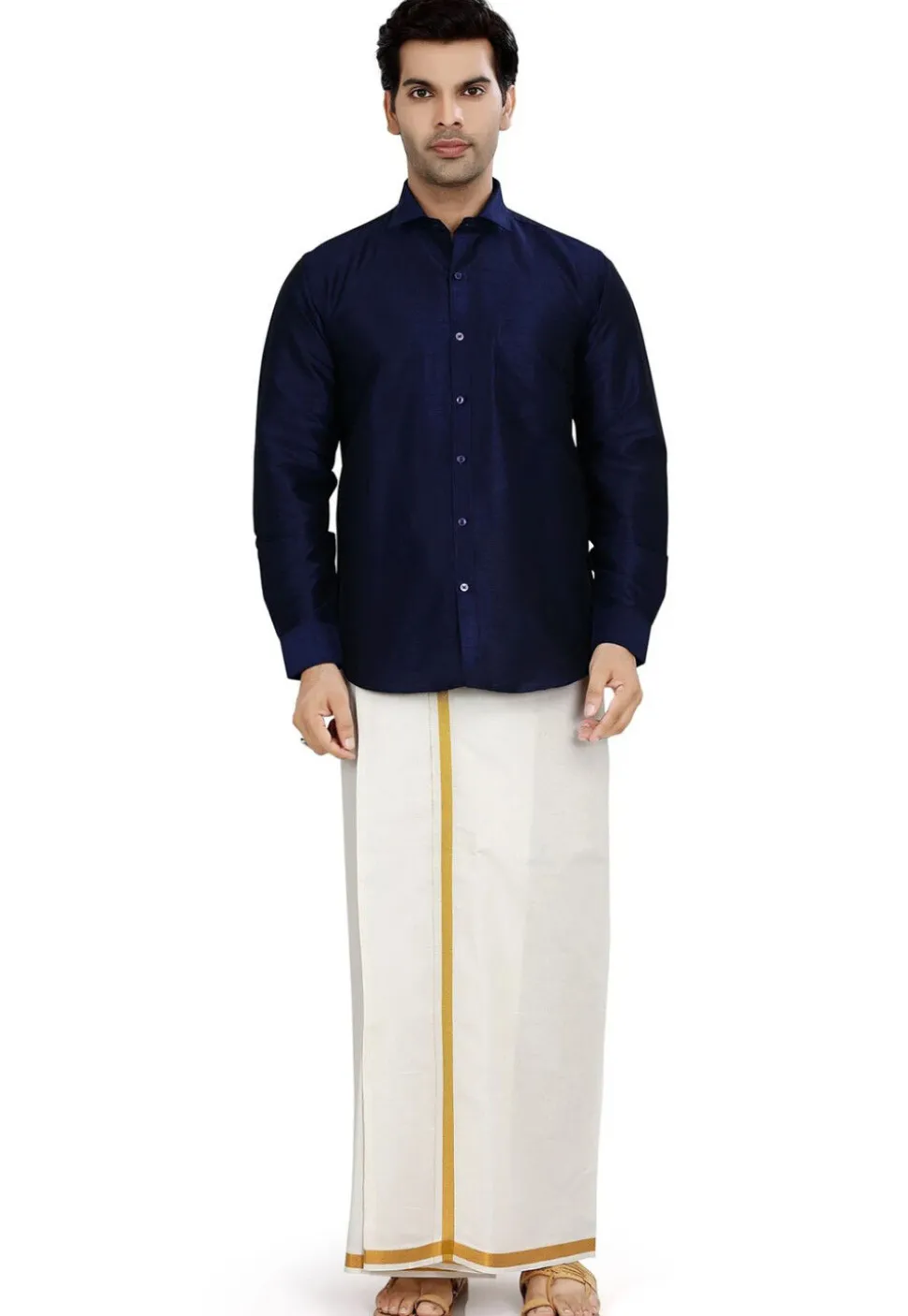 Solid Color Dupion Silk Shirt in Navy Blue