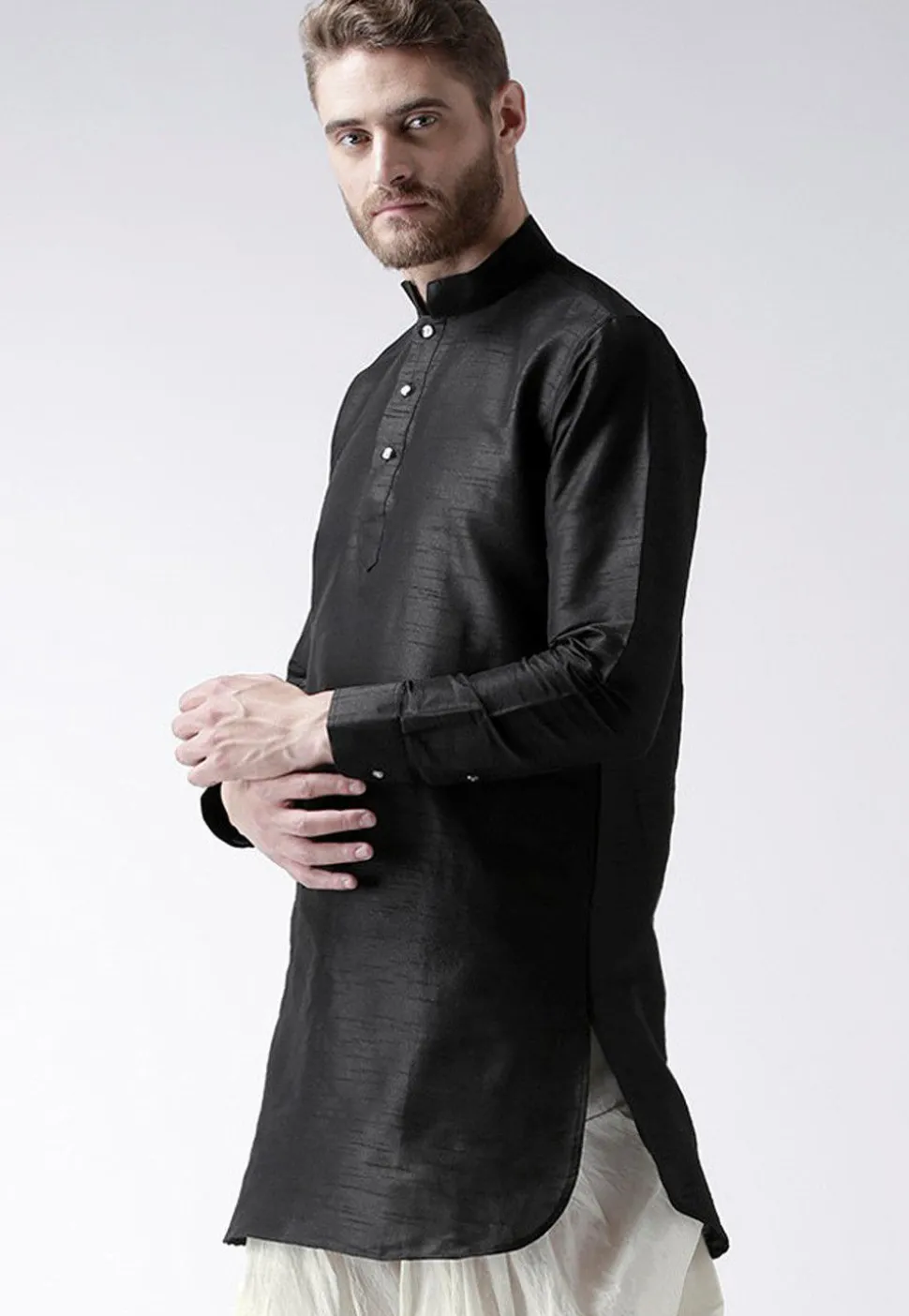 Solid Color Dupion Silk Short Kurta in Black