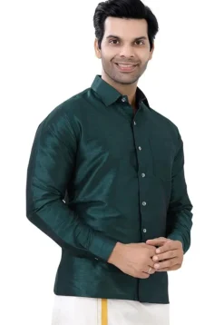 Solid Color Dupion Silk Shirt in Dark Teal Green