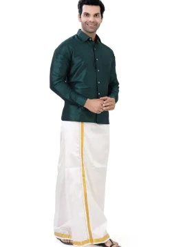 Solid Color Dupion Silk Shirt in Dark Teal Green