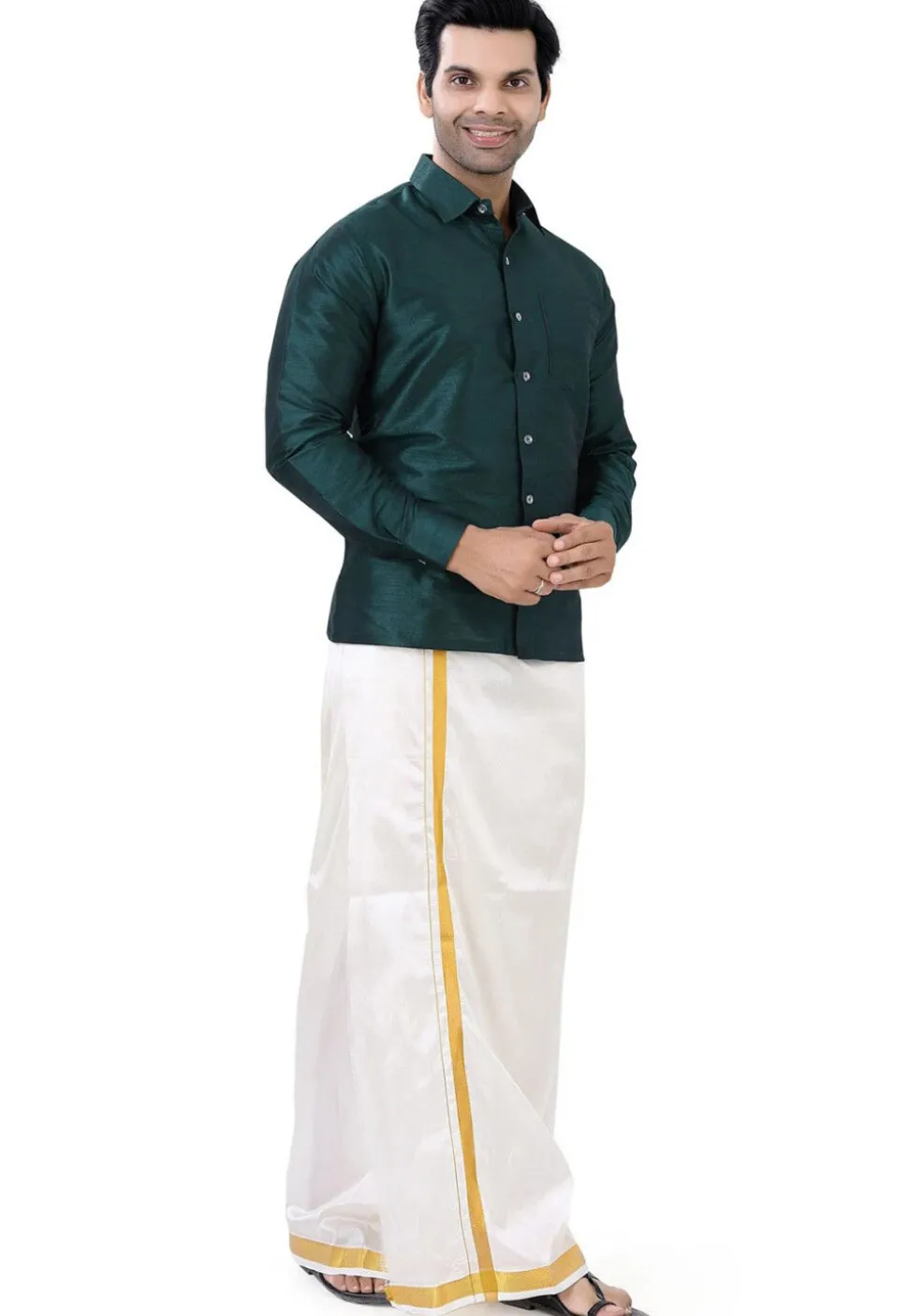 Solid Color Dupion Silk Shirt in Dark Teal Green