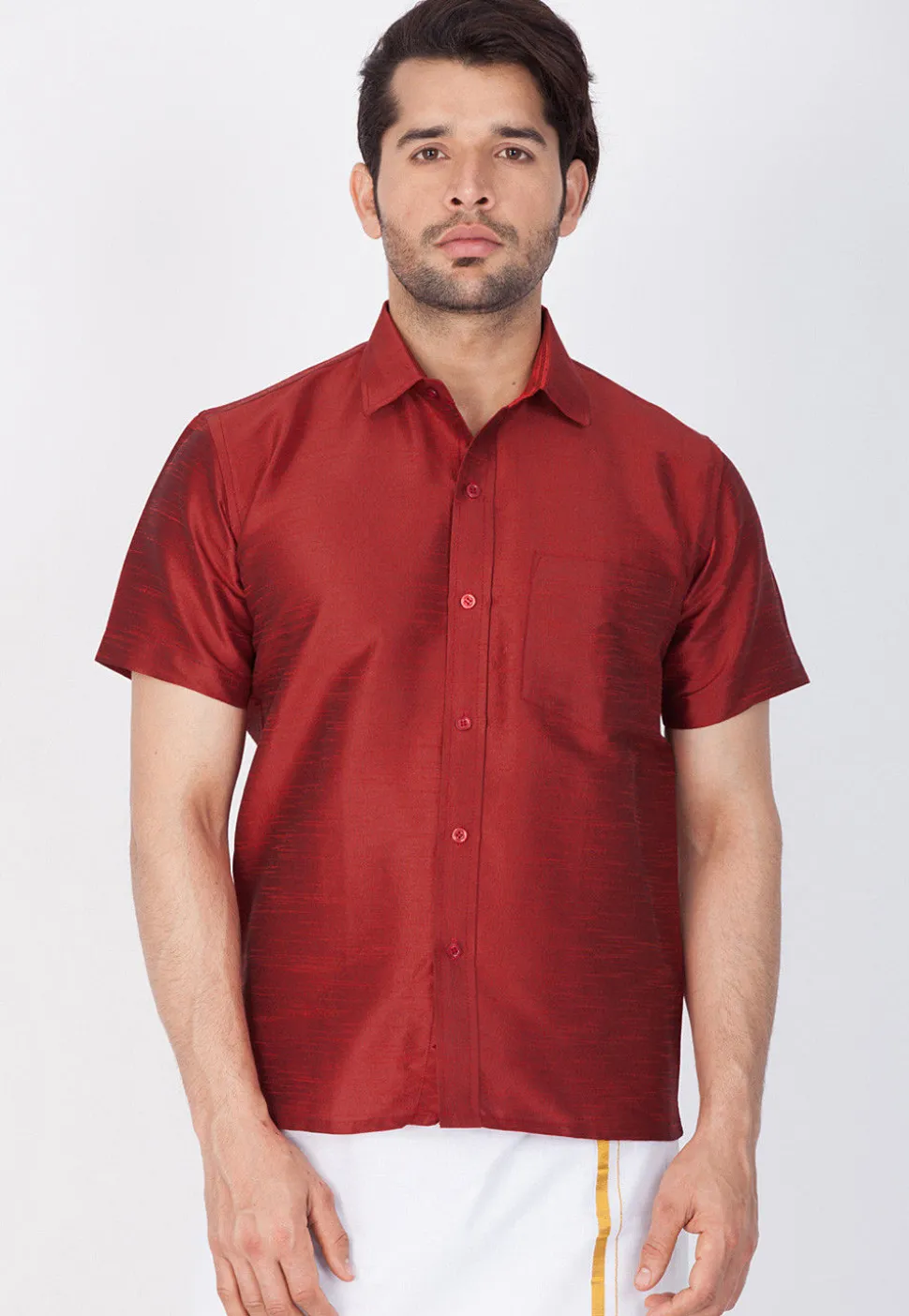 Solid Color Dupion Silk Shirt in Maroon