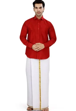 Solid Color Dupion Silk Shirt in Red