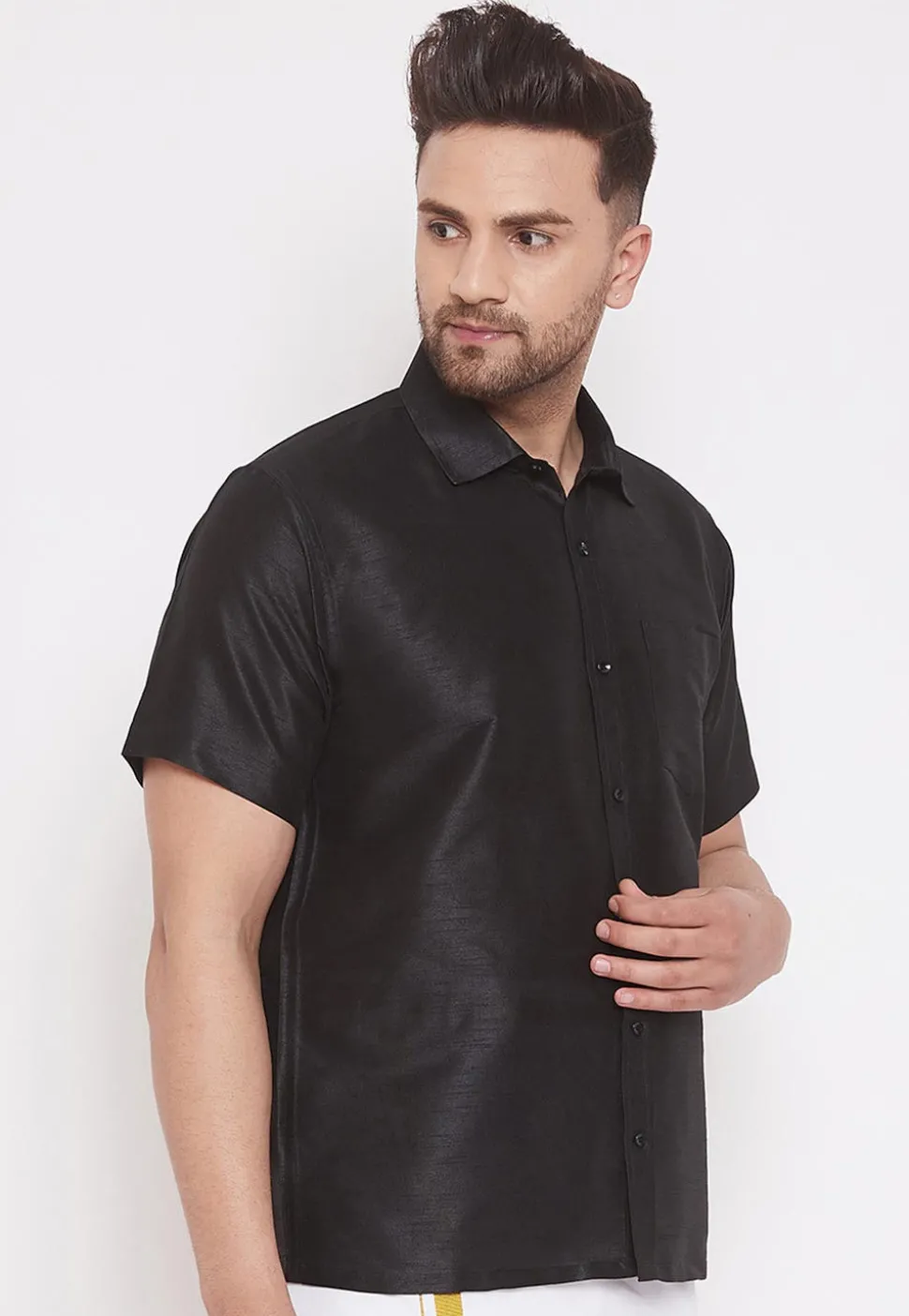 Solid Color Dupion Silk Shirt in Black