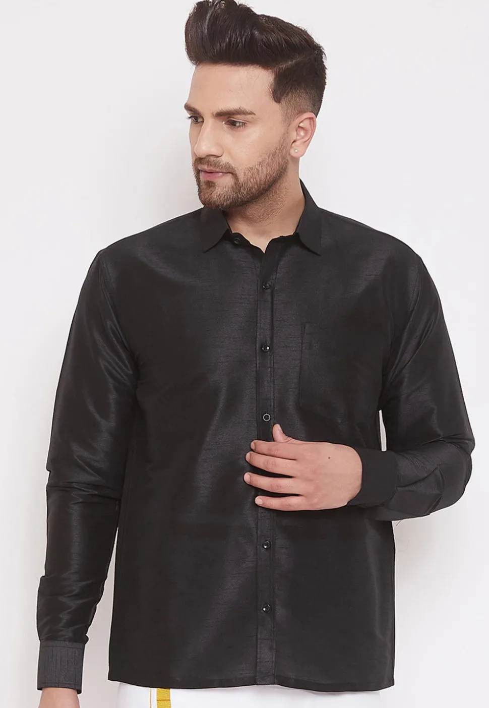 Solid Color Dupion Silk Shirt in Black