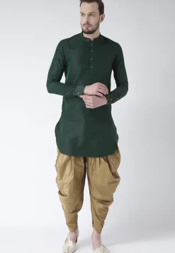 Solid Color Dupion Silk Short Dhoti Kurta in Dark Green