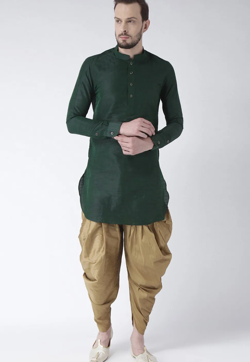 Solid Color Dupion Silk Short Dhoti Kurta in Dark Green