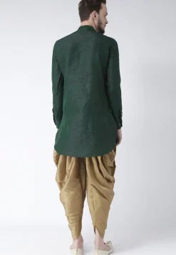 Solid Color Dupion Silk Short Dhoti Kurta in Dark Green