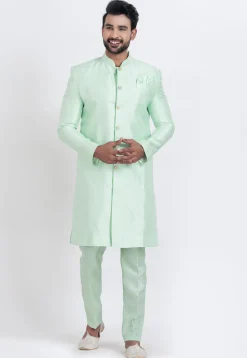 Solid Color Dupion Silk Sherwani in Sea Green