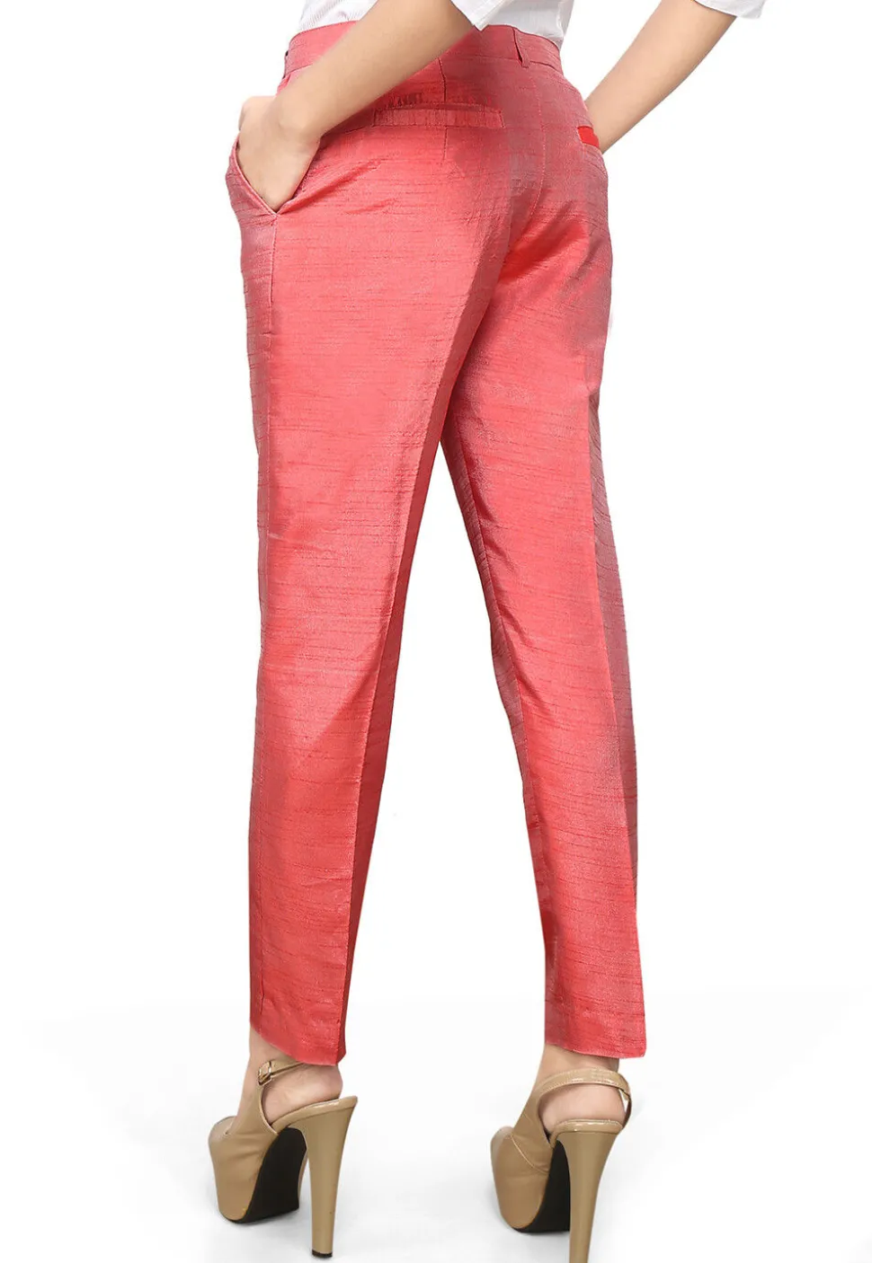Solid Color Dupion Silk Straight Pant in Coral