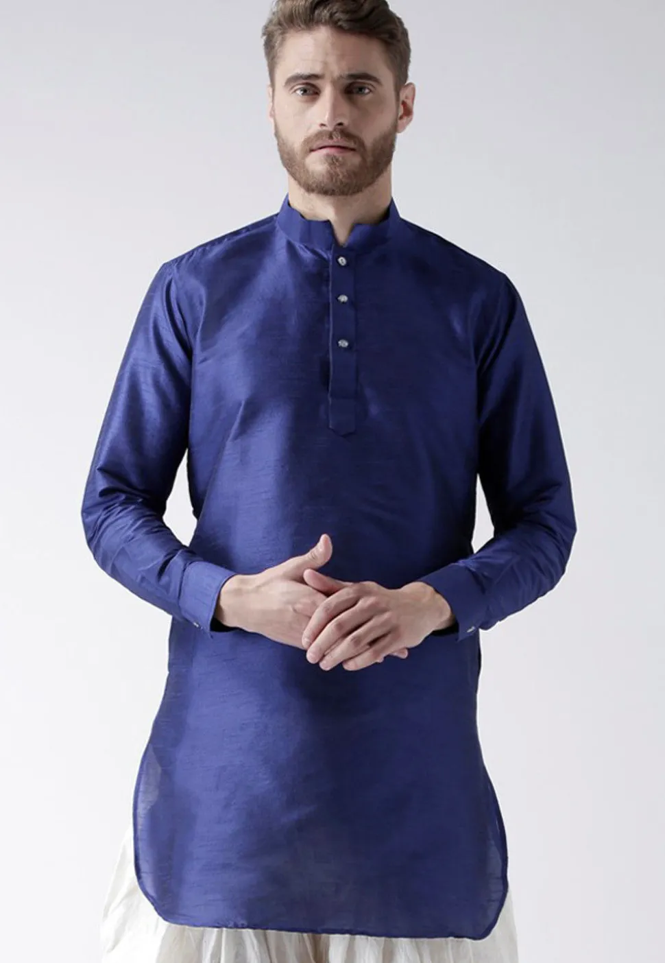 Solid Color Dupion Silk Short Kurta in Royal Blue