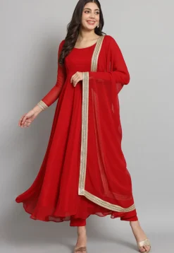 Solid Color Georgette Aline Suit in in Red