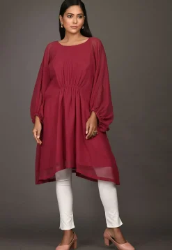 Solid Color Georgette Asymmetric Tunic in Maroon