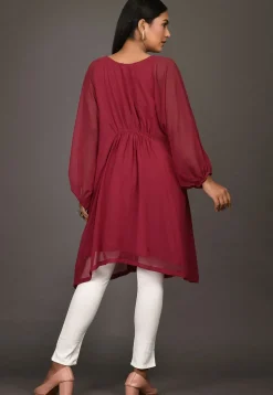 Solid Color Georgette Asymmetric Tunic in Maroon