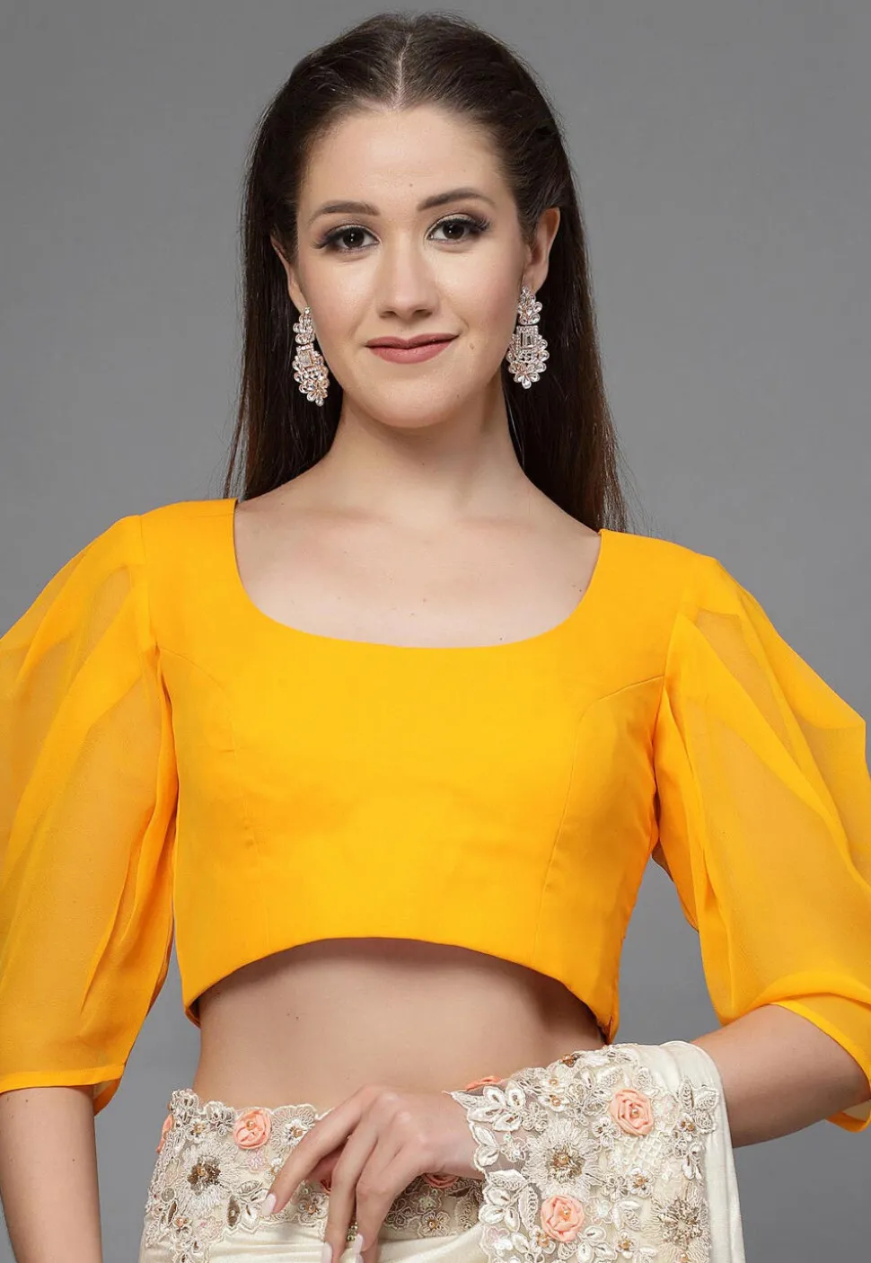 Solid Color Georgette Back Cut Out Blouse in Mustard
