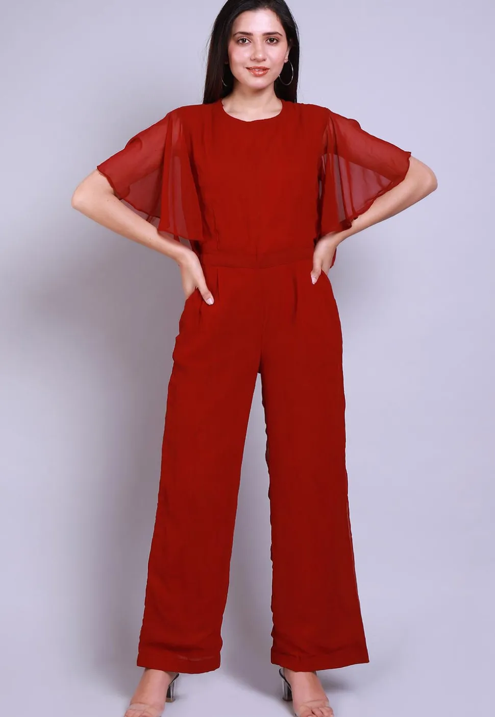 Solid Color Georgette Jumpsuit in Maroon