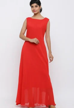 Solid Color Georgette Long Dress in Red