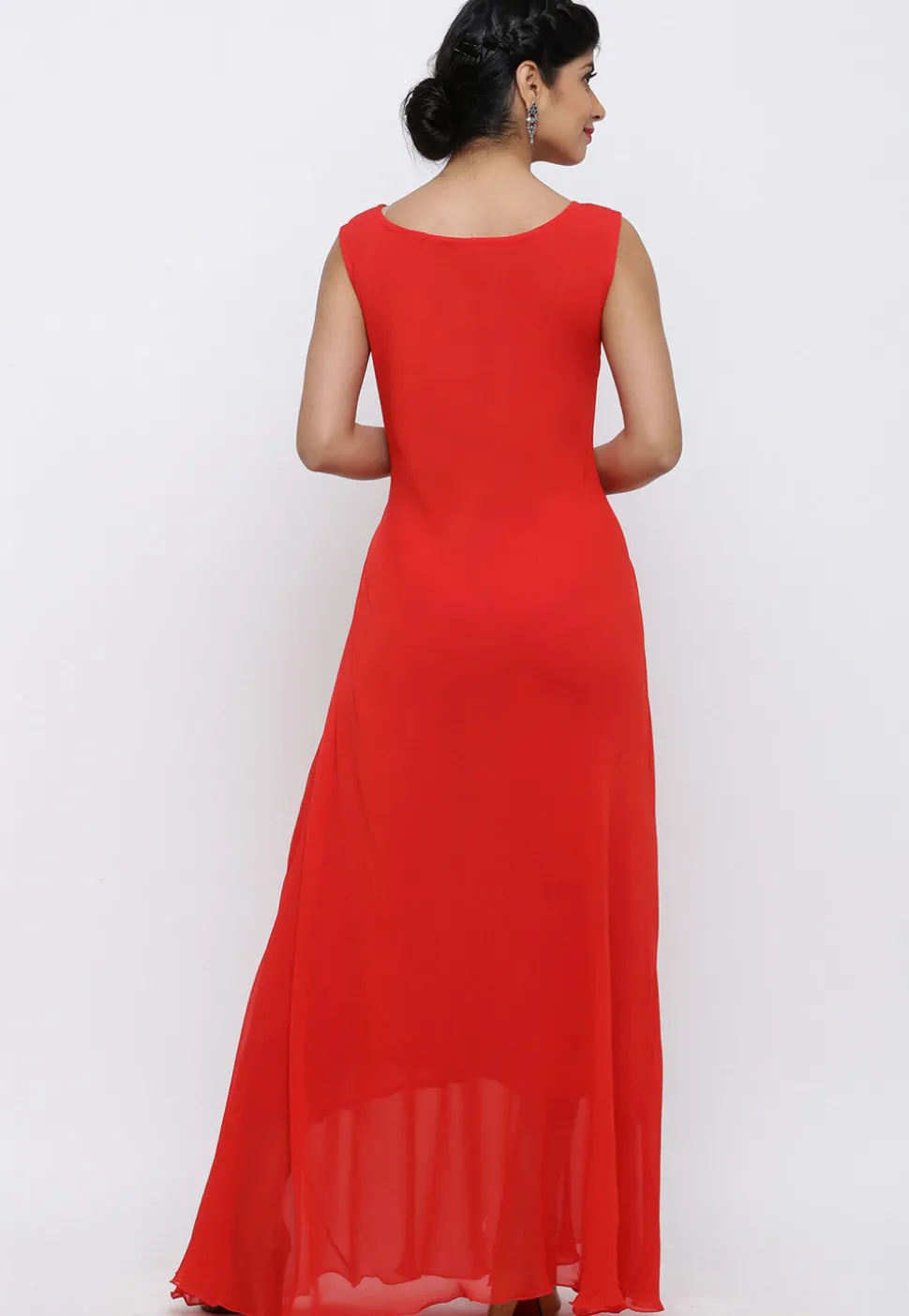Solid Color Georgette Long Dress in Red
