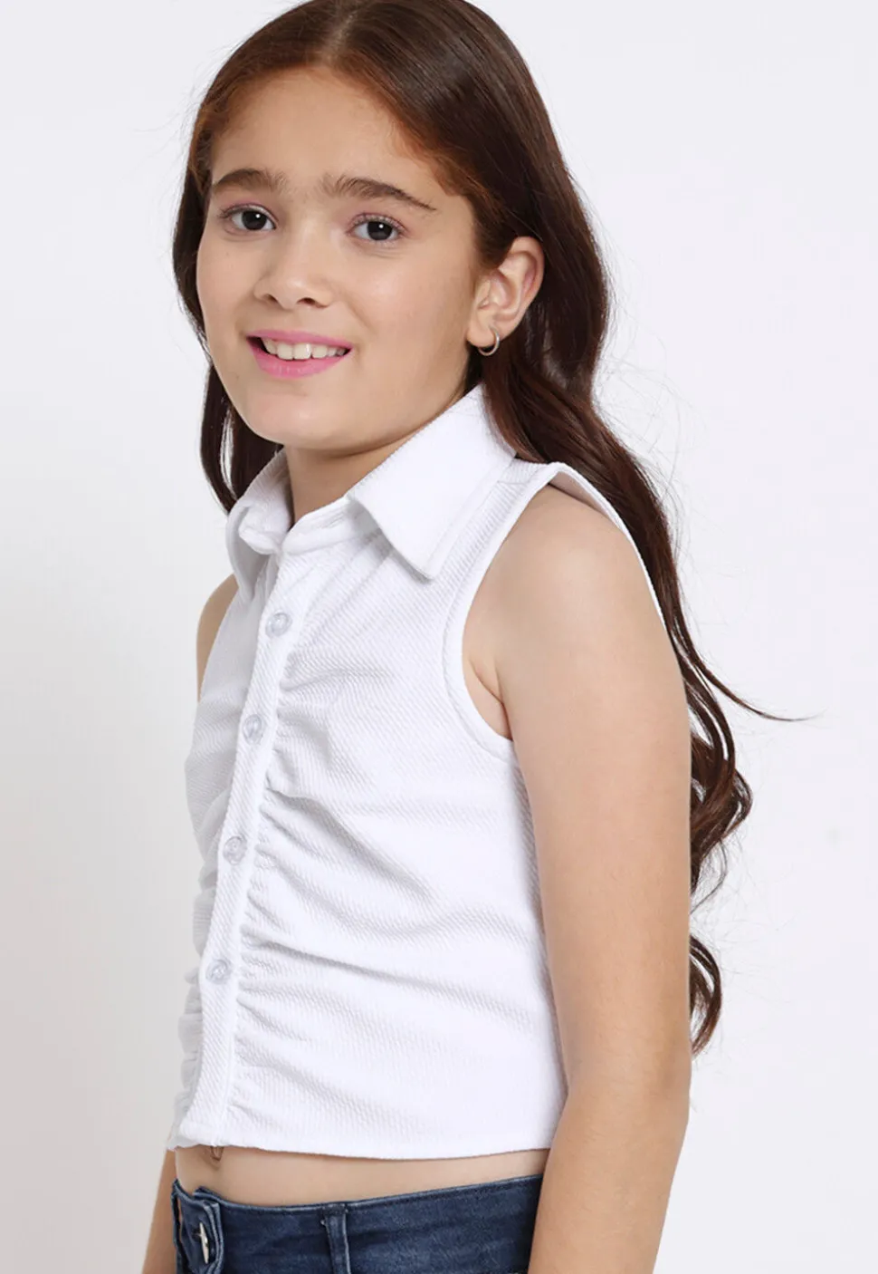 Solid Color Georgette Lycra (Elastane) Shirt Style Crop Top in White