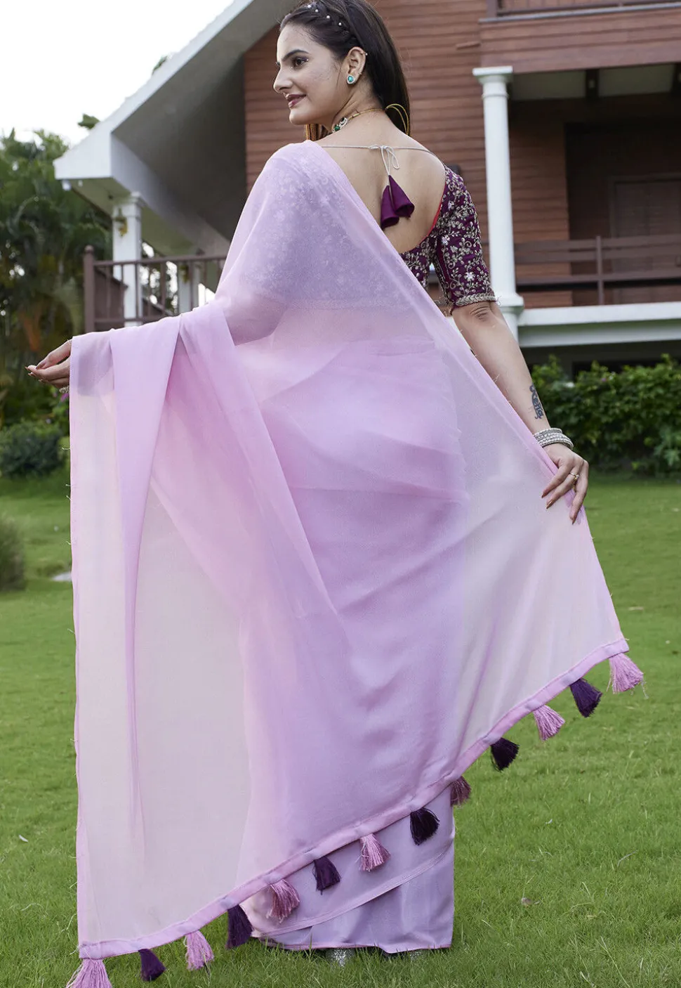 Solid Color Georgette Saree in Purple