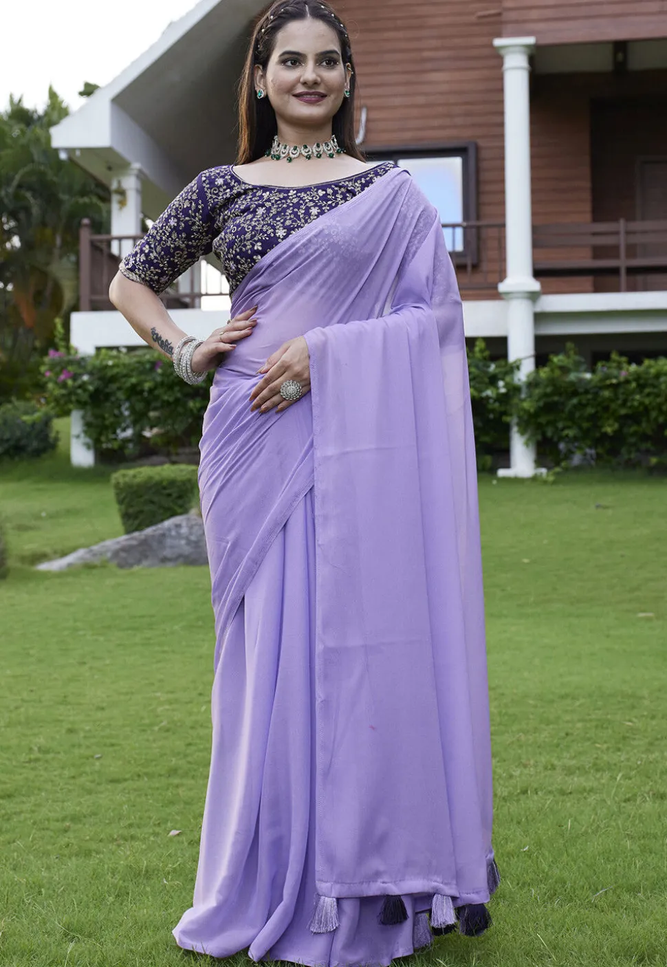 Solid Color Georgette Saree in Light Purple