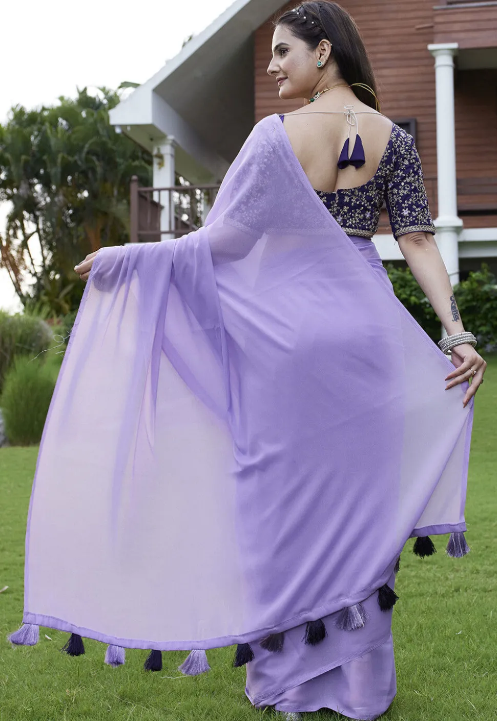 Solid Color Georgette Saree in Light Purple