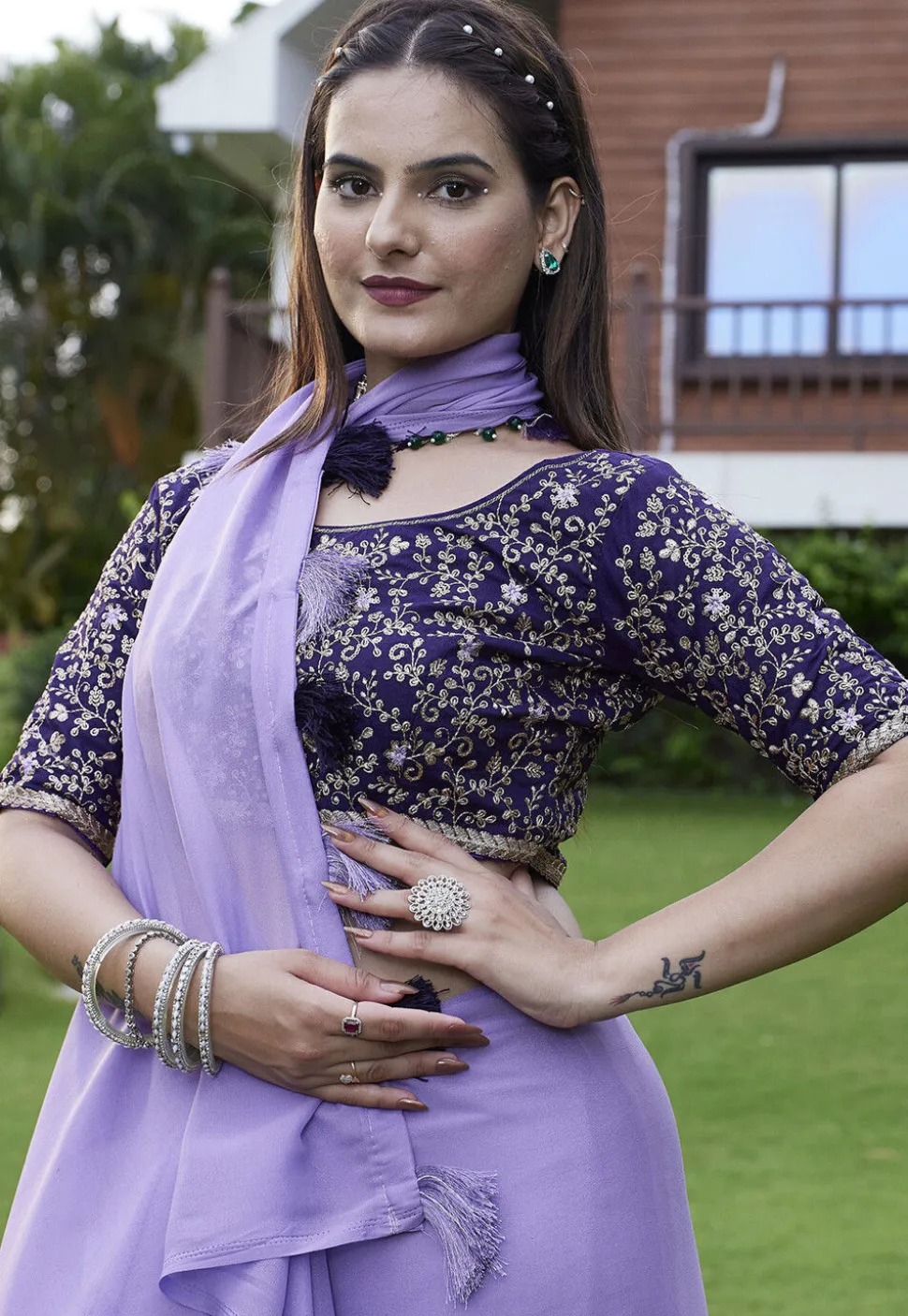 Solid Color Georgette Saree in Light Purple