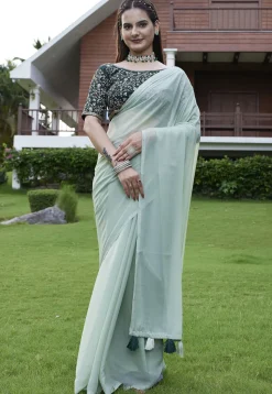 Solid Color Georgette Saree in Dusty Green