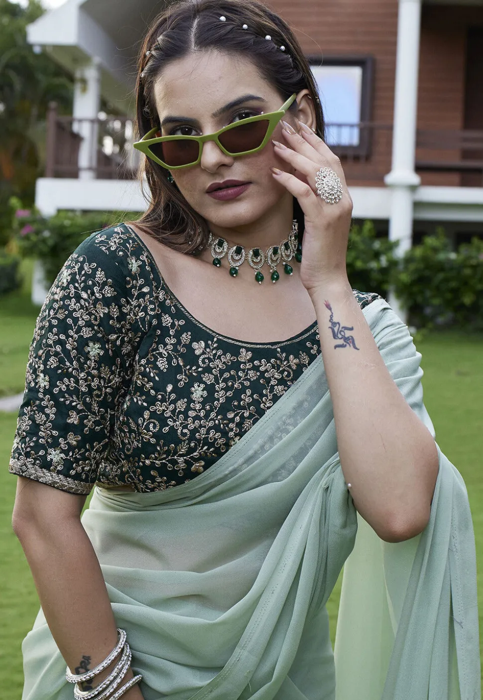 Solid Color Georgette Saree in Dusty Green
