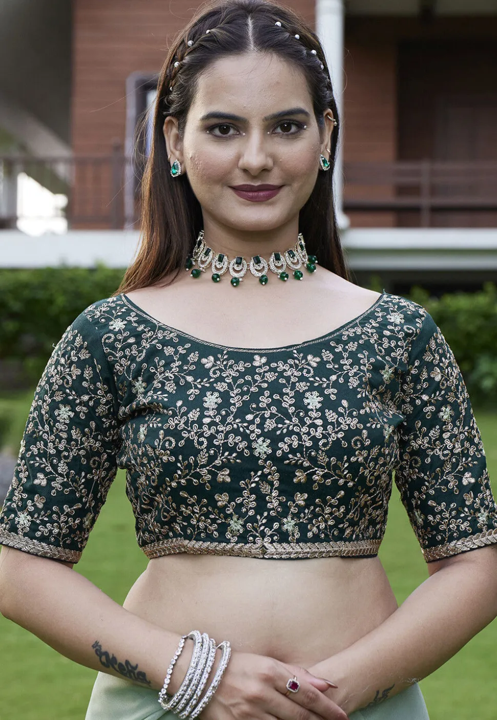 Solid Color Georgette Saree in Dusty Green