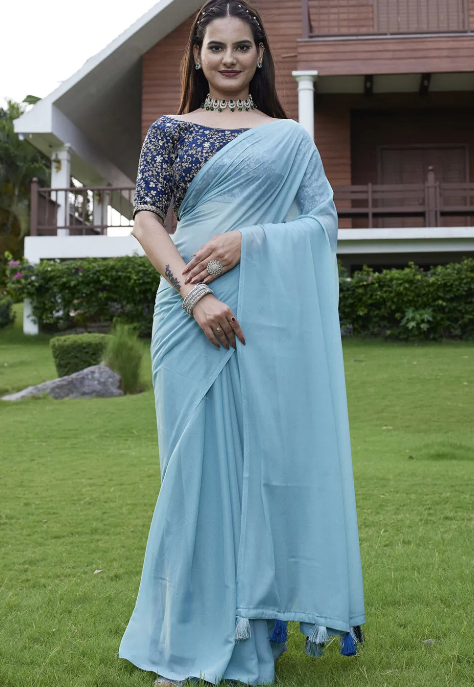 Solid Color Georgette Saree in Light Blue