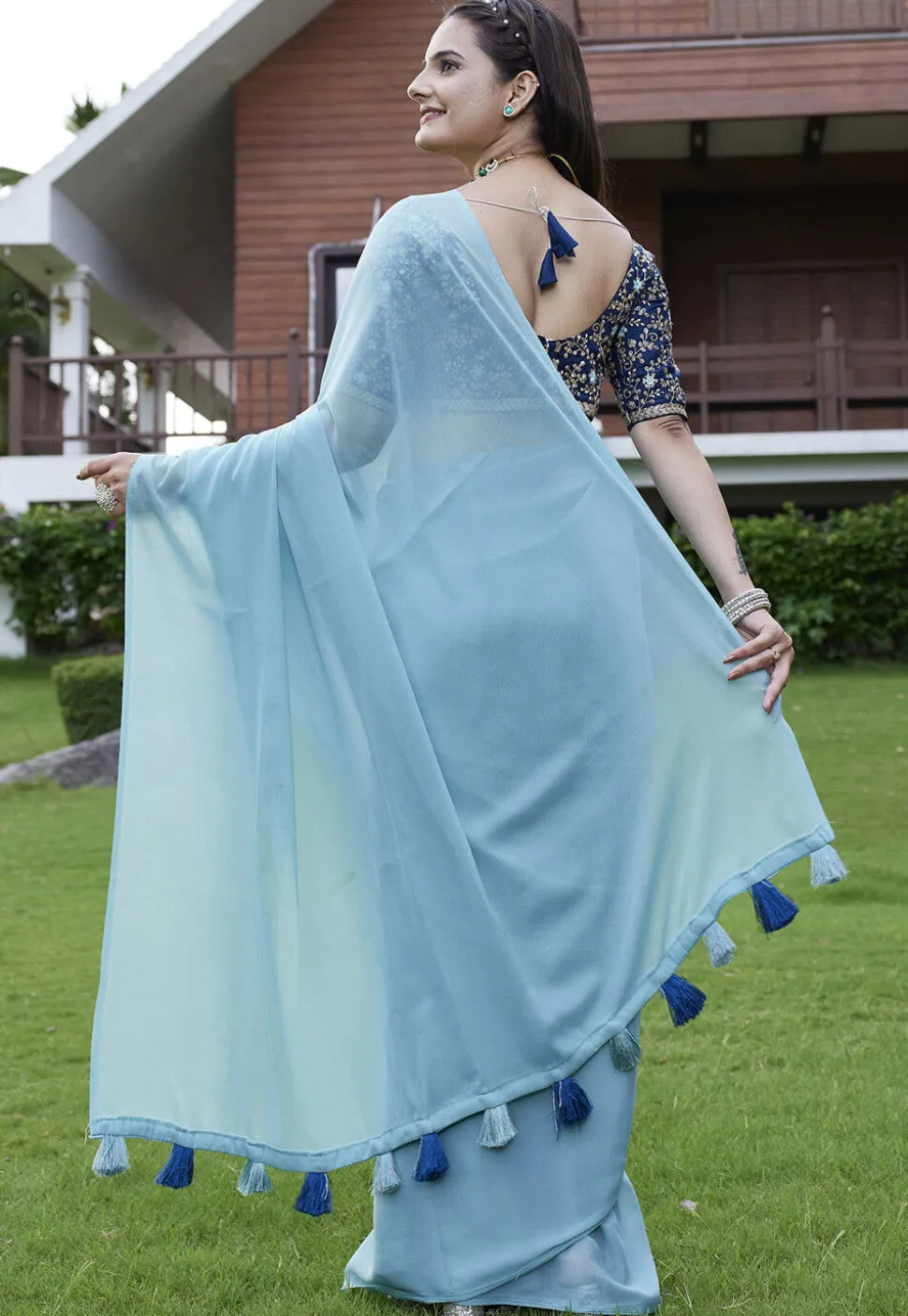Solid Color Georgette Saree in Light Blue