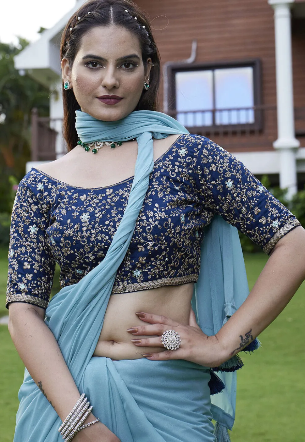 Solid Color Georgette Saree in Light Blue