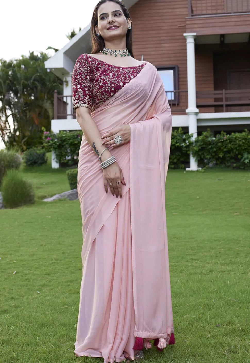 Solid Color Georgette Saree in Pink