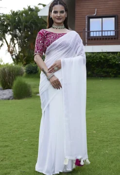 Solid Color Georgette Saree in Off White