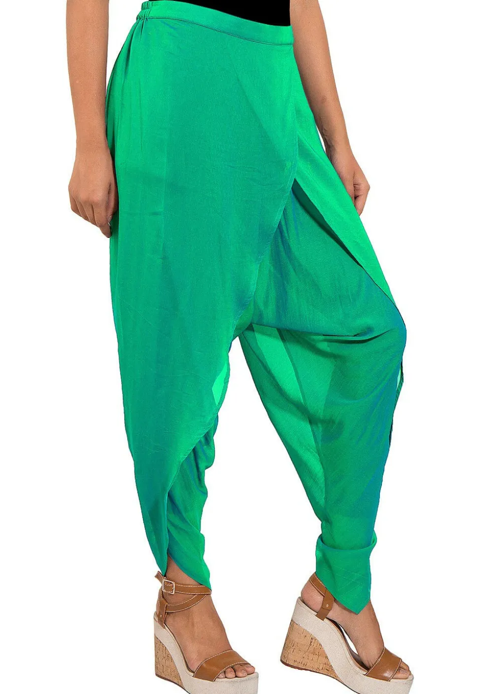 Solid Color Georgette Tulip Dhoti Pant in Teal Green