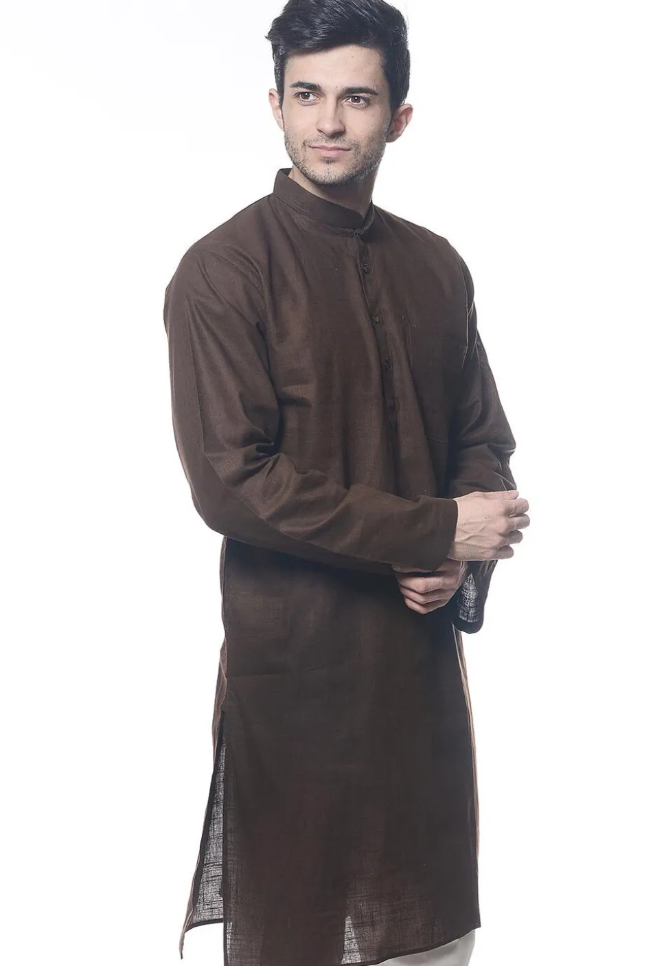 Solid Color Handloom South Cotton Kurta in Dark Brown