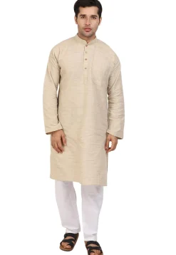 Solid Color Handloom South Cotton Slub Kurta in Beige