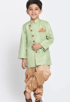 Solid Color Jute Silk Dhoti Sherwani in Light Green