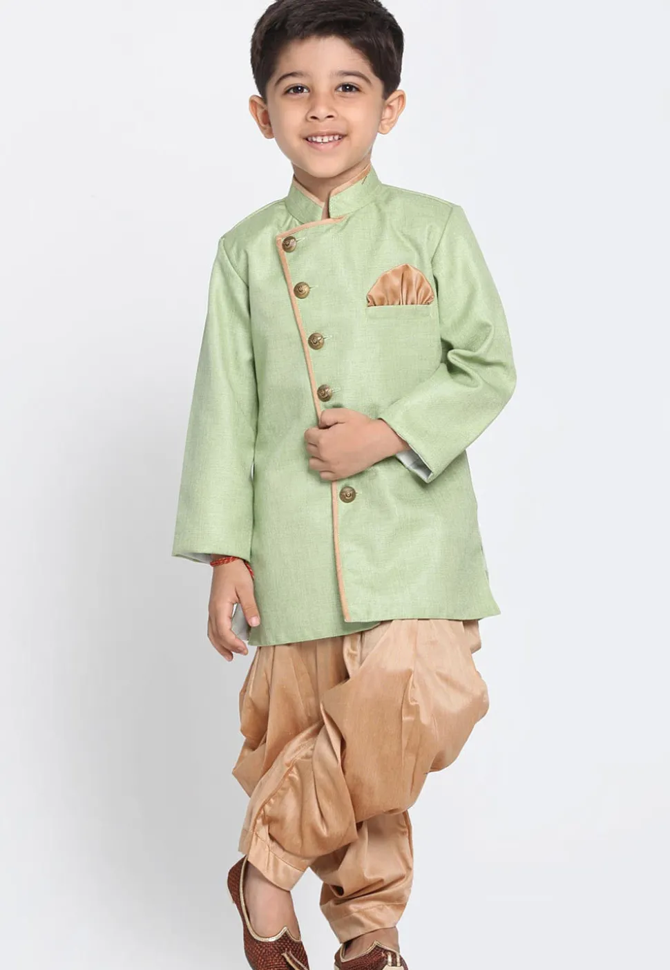 Solid Color Jute Silk Dhoti Sherwani in Light Green